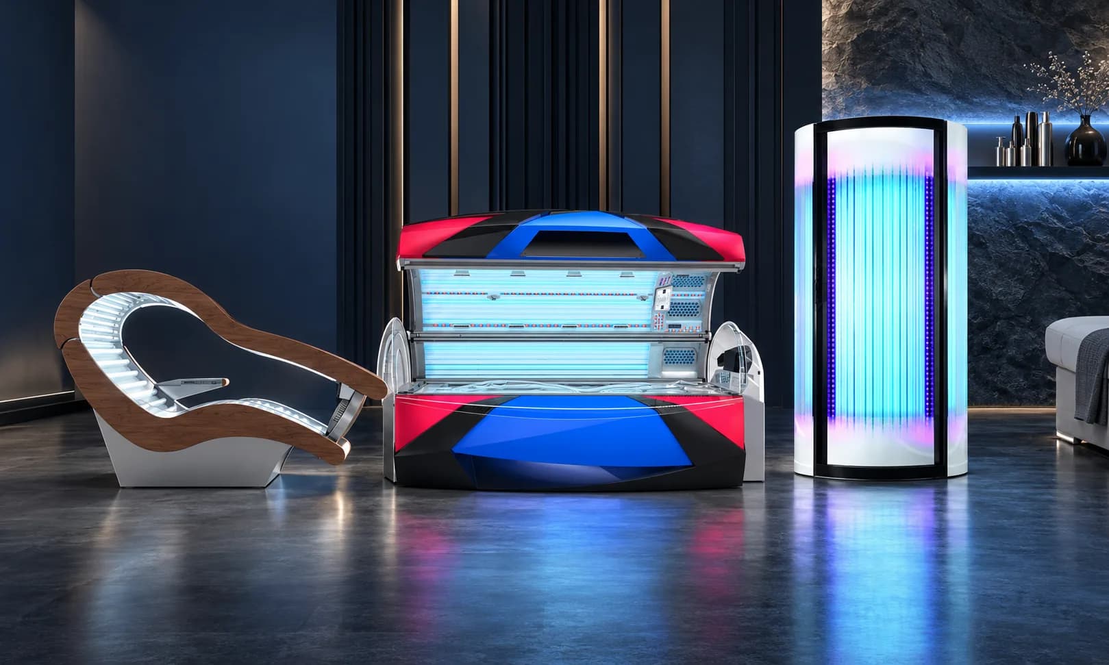 Apparecchiature solarium: lettino curvo con finitura in legno, lettino abbronzante con lampade aperte e cabina verticale illuminata