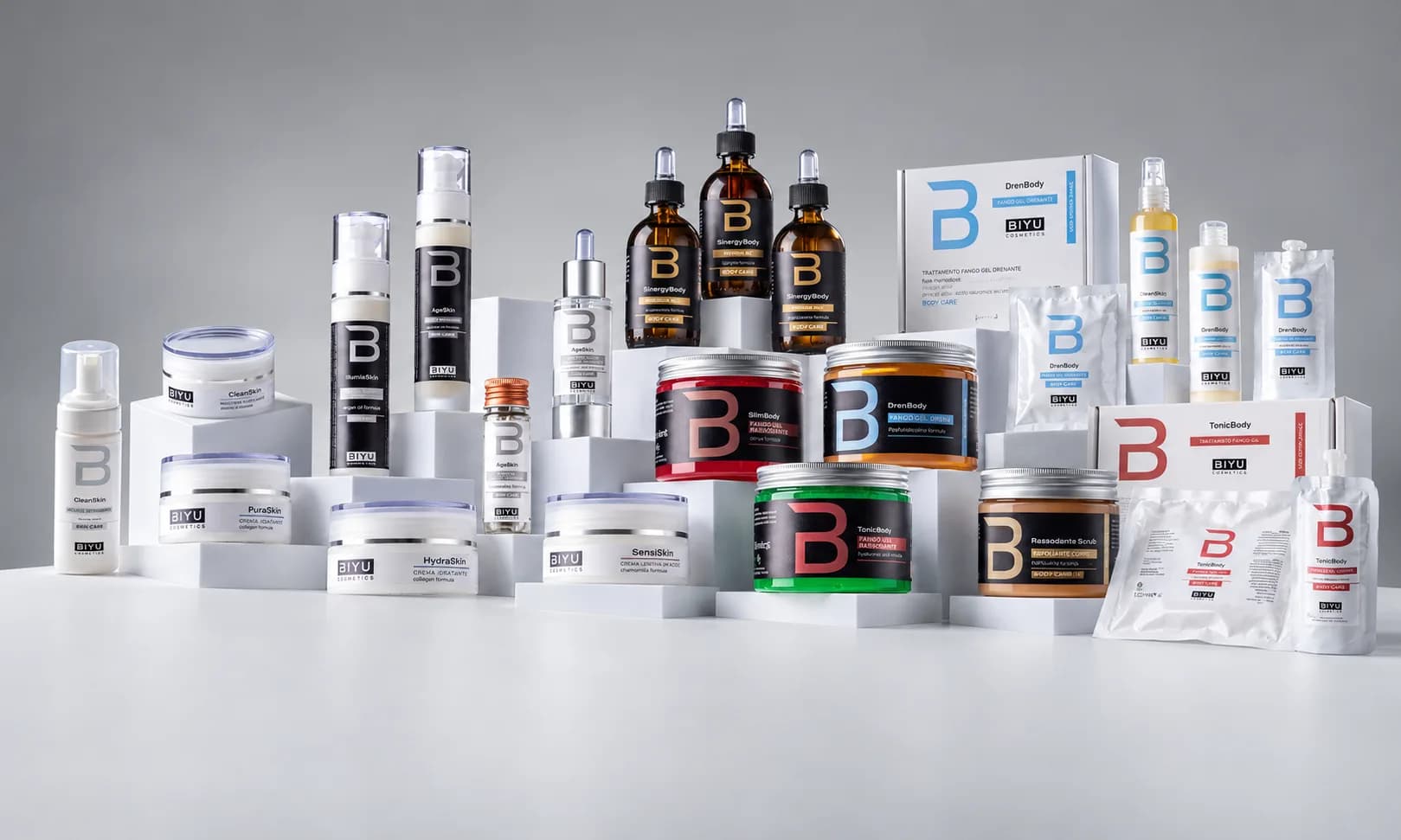 Gamma di cosmetici professionali Biyu Cosmetics: creme, sieri, fanghi e trattamenti per viso e corpo