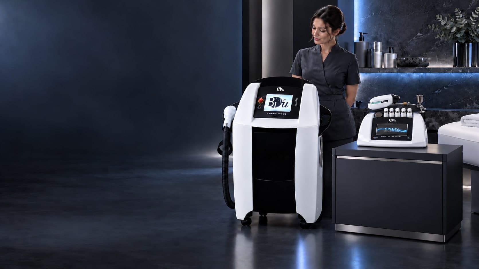 Apparecchiature Biyu per l'epilazione laser ed Épilis in un centro estetico, con un'estetista